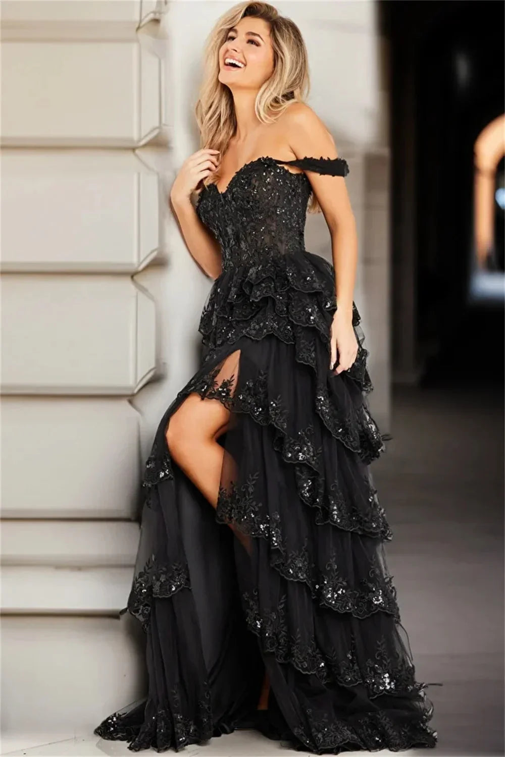 Lace Embroidery Glitter Prom Dresses