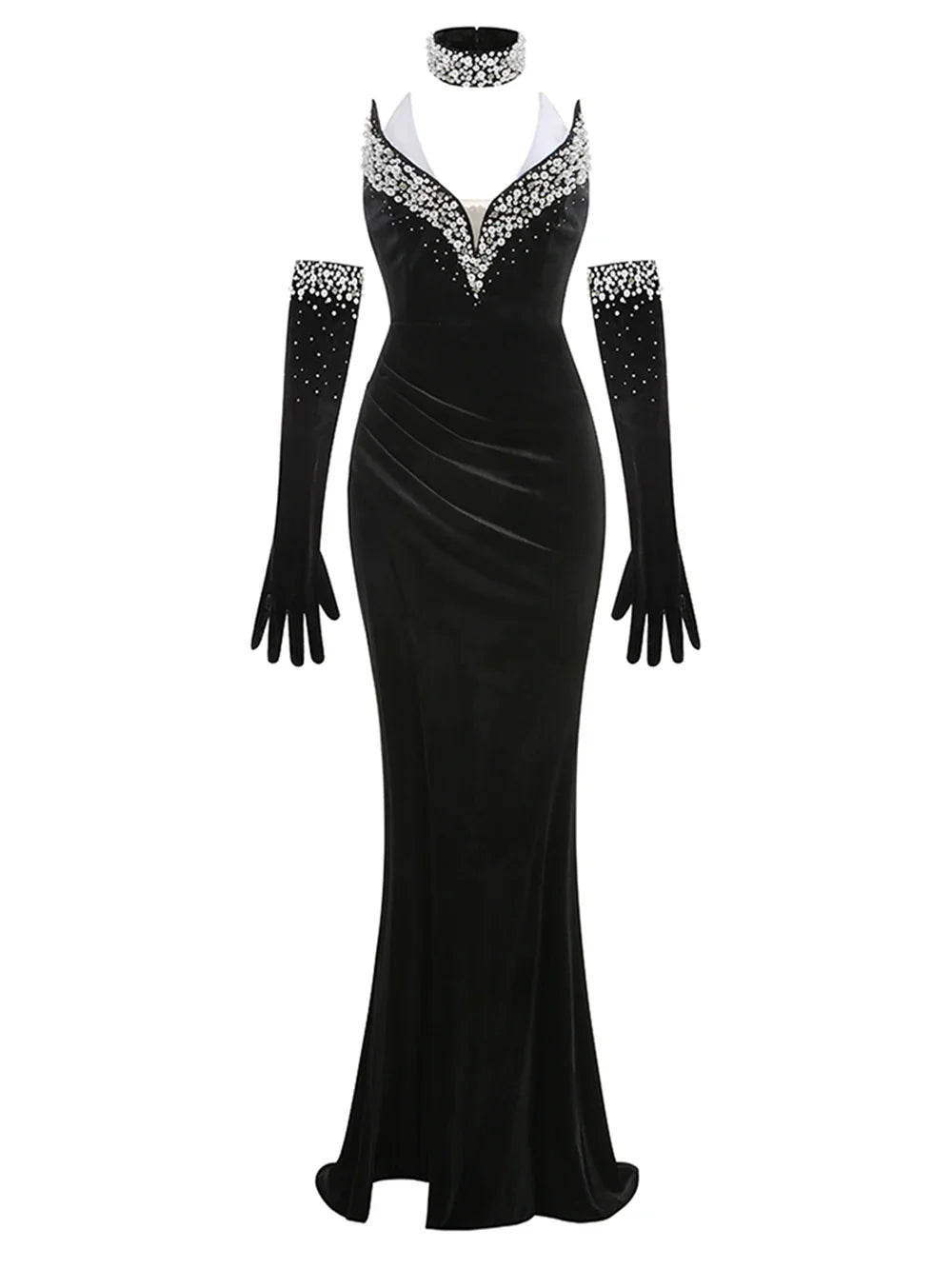 Strapless Pearl Diamond Black Velvet Beaded Maxi Dress