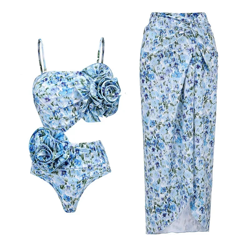 One Piece Swimsuit Floral Ruffle Printed Push-Up Bikini Set