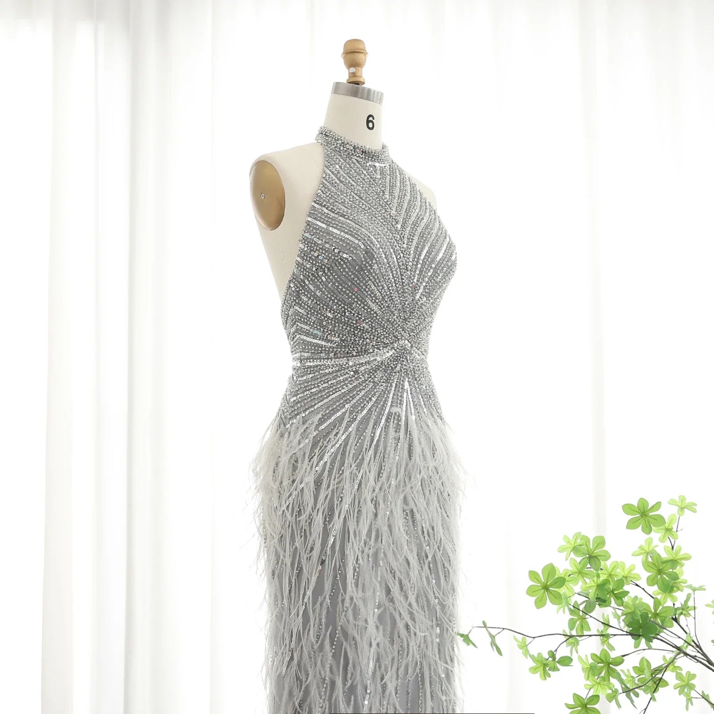 Beaded Feathers Mermaid Halter Backless Gown