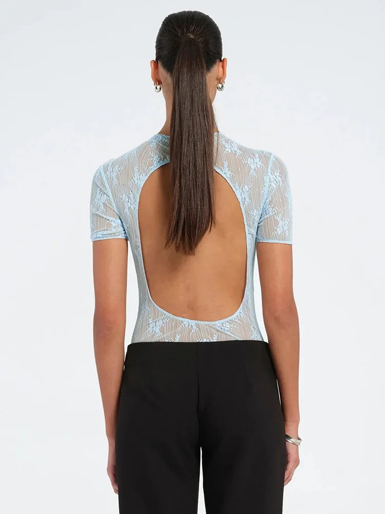 Sheer Lace Patchwork Bodysuit Top For Women