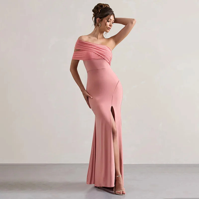 Solid One Shoulder Mesh Slit Long Dress