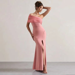 Solid One Shoulder Mesh Slit Long Dress