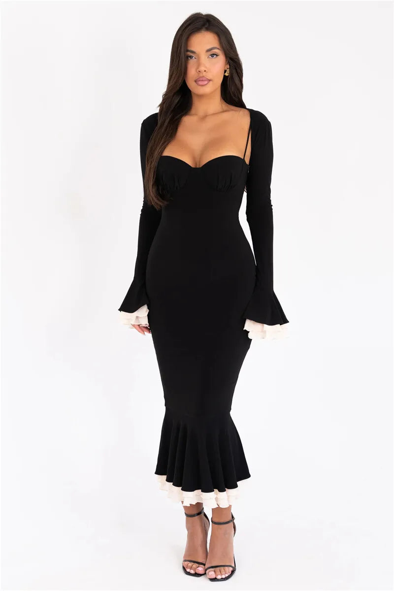 Patchwork Square Collar Evening Fishtail Dress