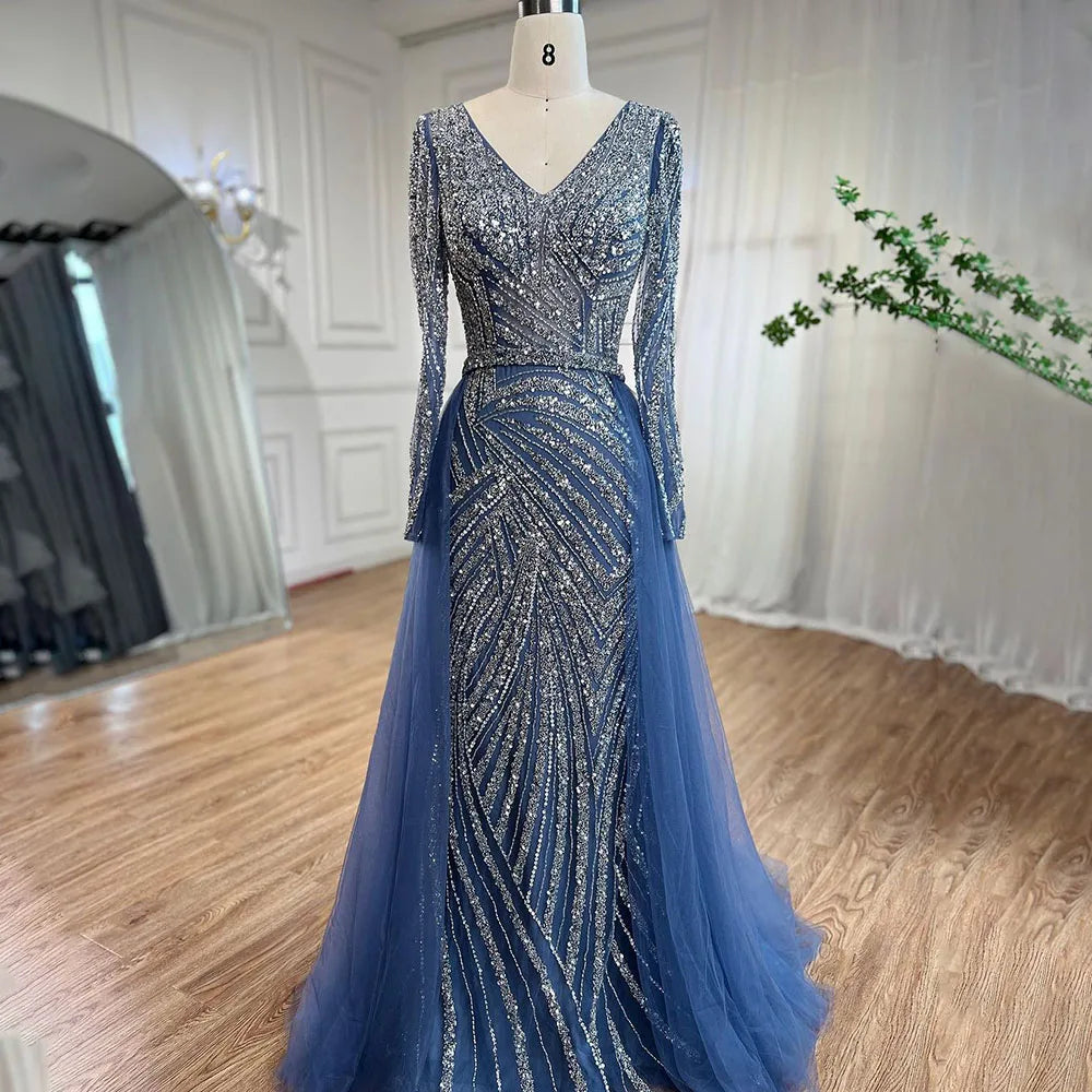 Blue Mermaid Beaded Long Sleeves Evening Gown