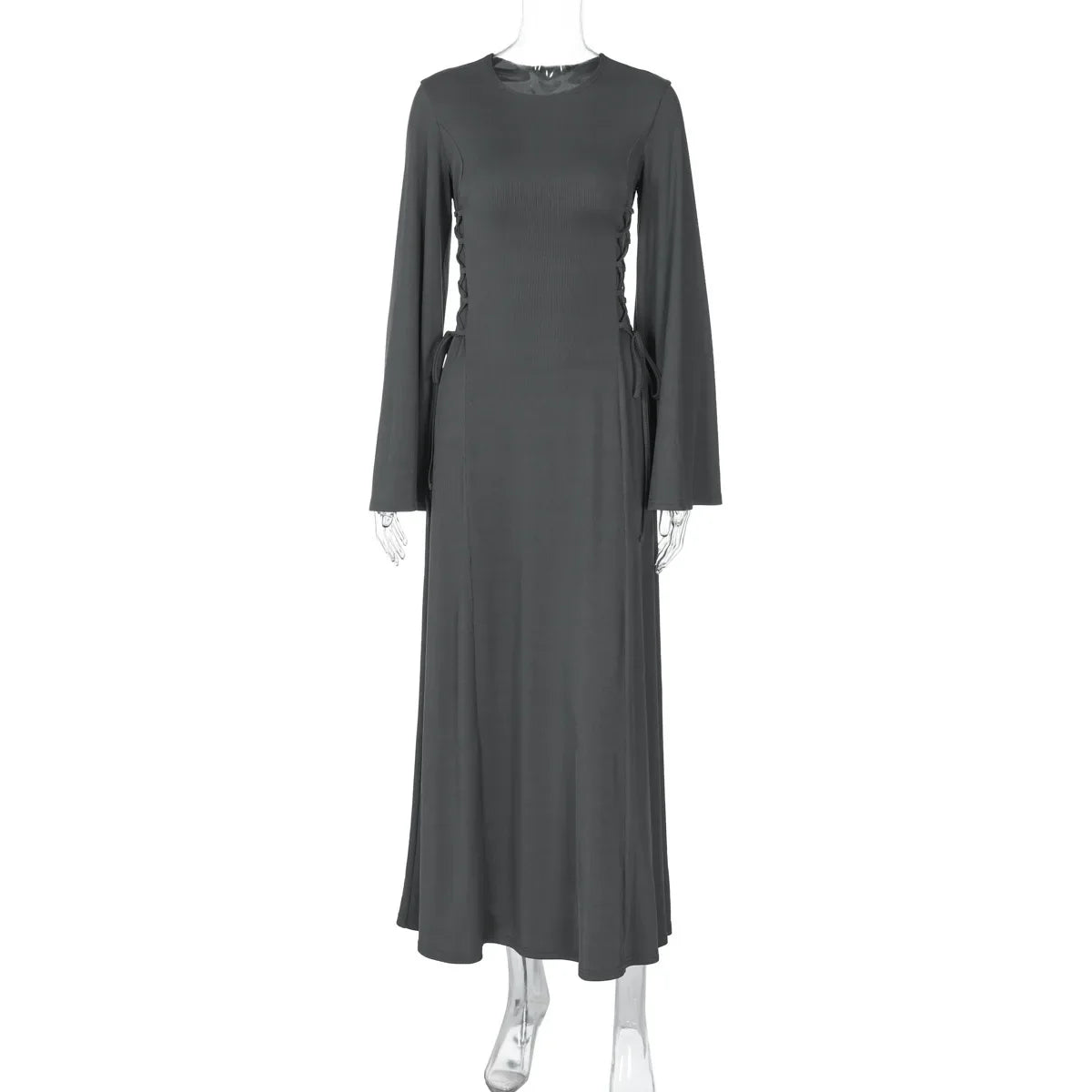 Ribbed Solid Lace-up Long Sleeve Dress