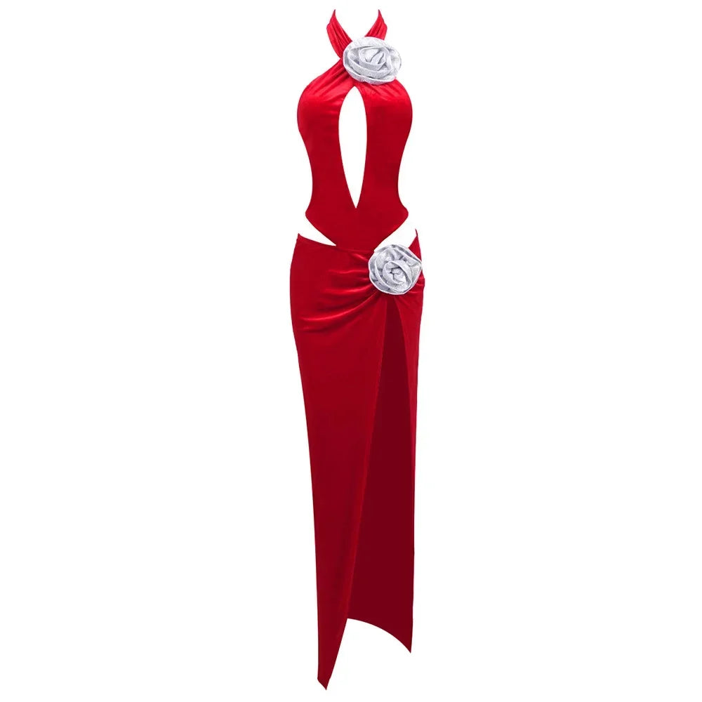 Red Velvet Maxi  3D Flower Evening Gown