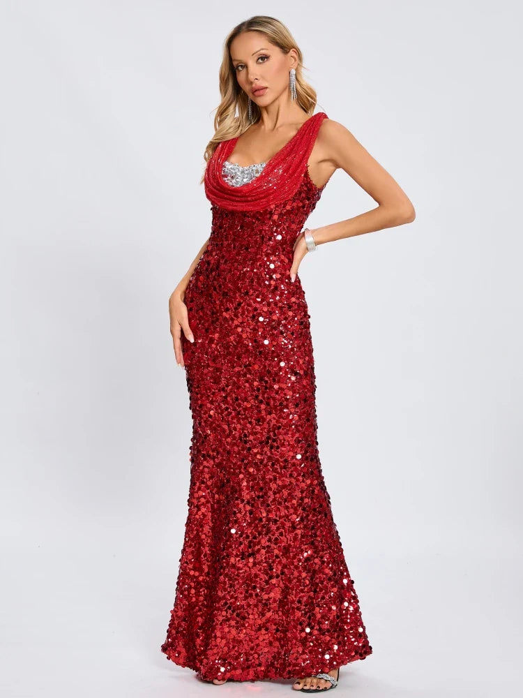 Swinging Neck Sequins Red Long Dress
