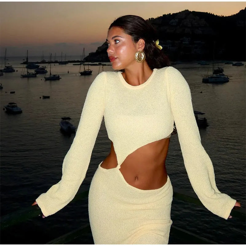Knitted Hollow Out Solid O-neck Slit Maxi Dress