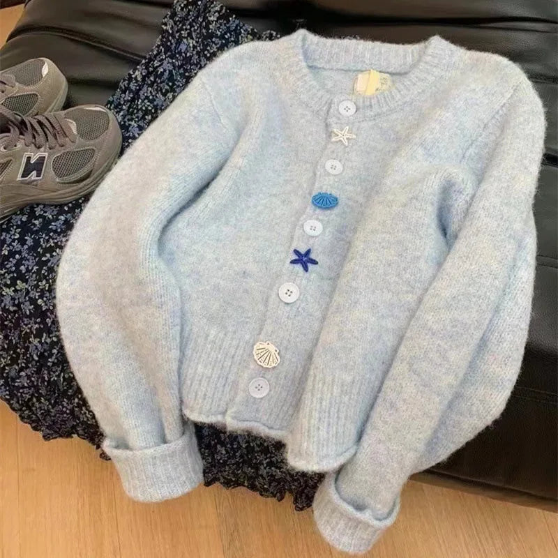 Long Sleeve Starfish Shell Button Sweater