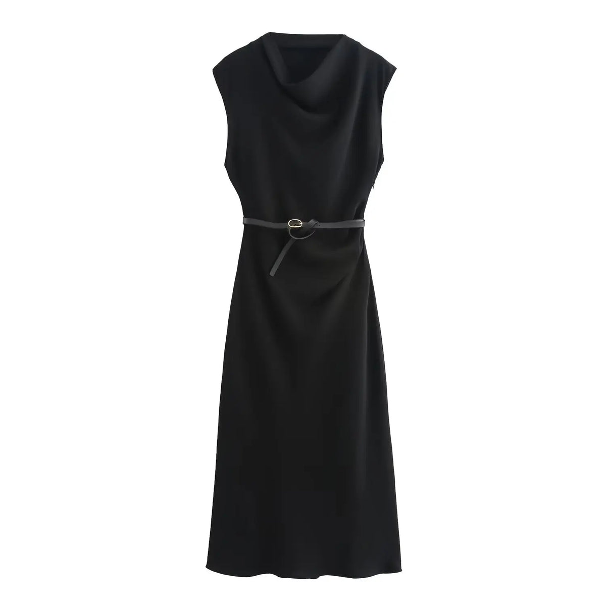 Solid Sleeveless Belted Midi Dress