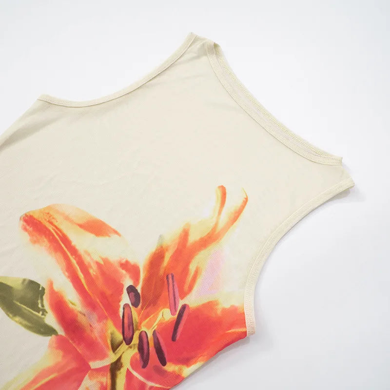 Sleeveless Floral Print Long Mesh Dress