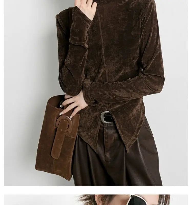 Front Side-slit Solid Color Soft Long Sleeve Top
