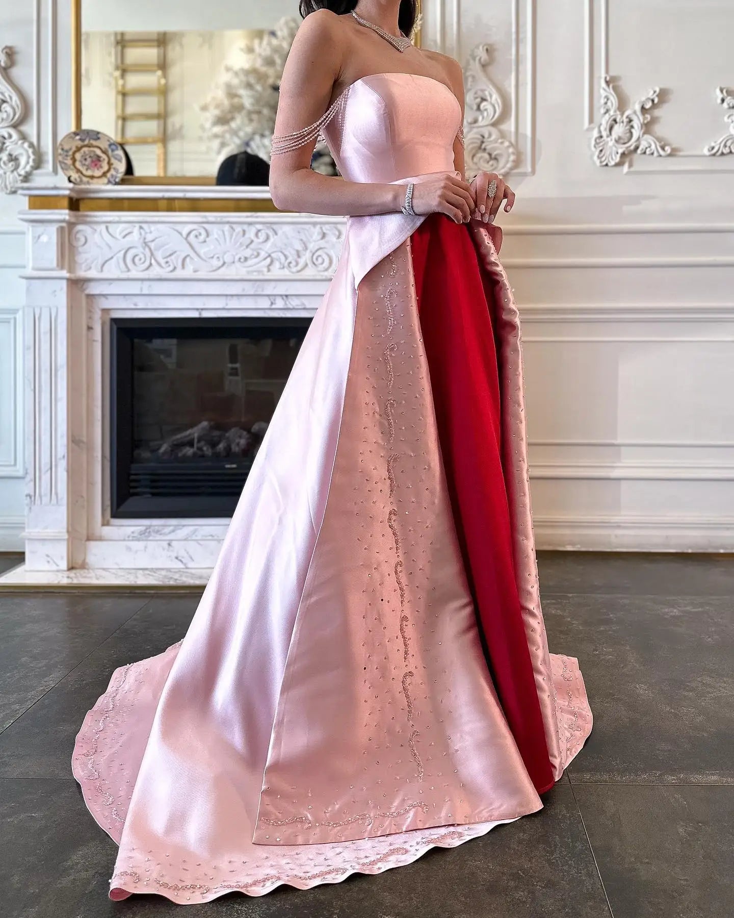Strapless Pink and Red Two-Tone Evening Gowns