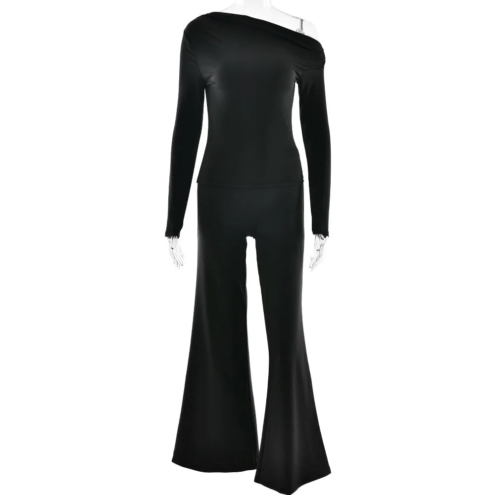 One Shoulder Flare Sleeve Top Long Pant Suit