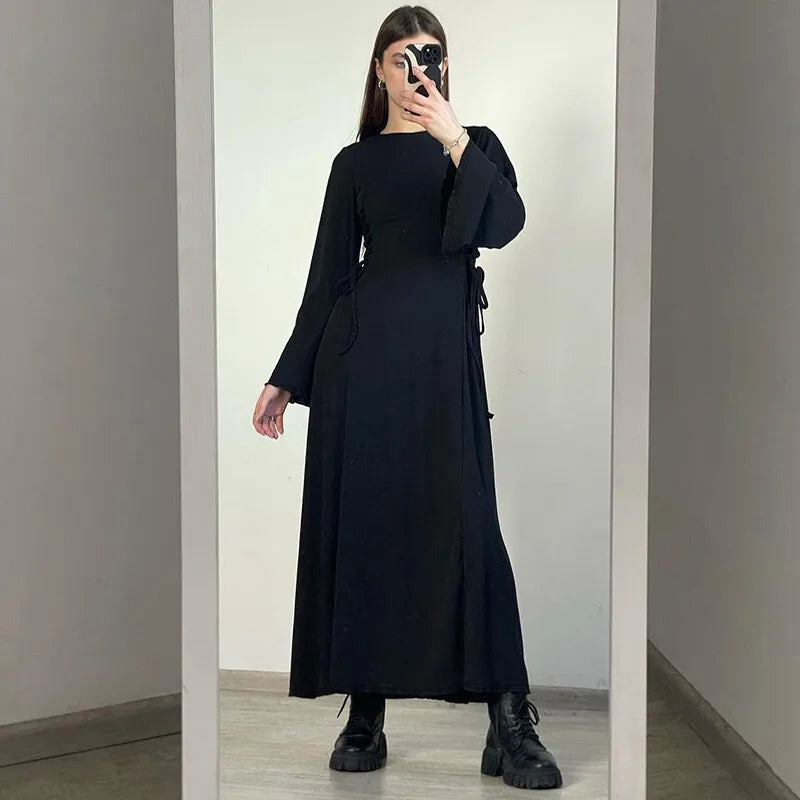 Ribbed Solid Lace-up Long Sleeve Dress