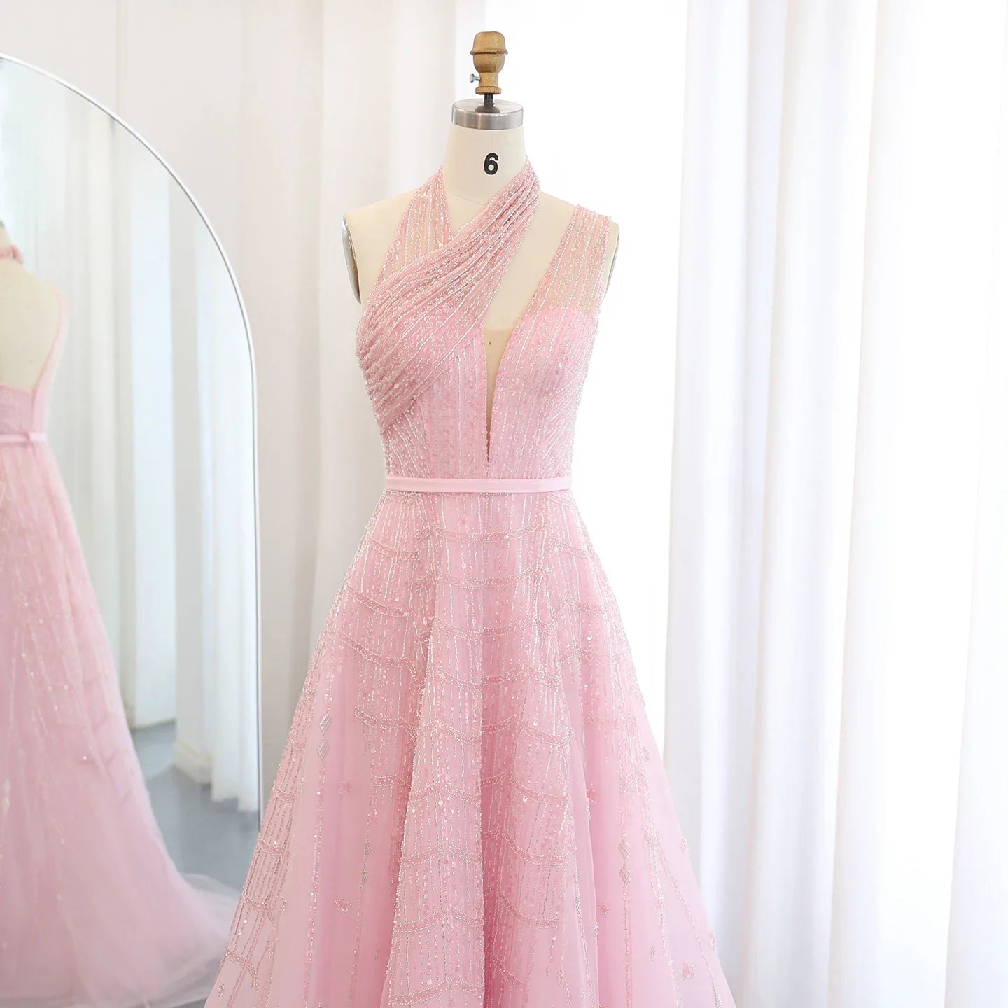 Beaded Lilac Halter Neck Evening Gown