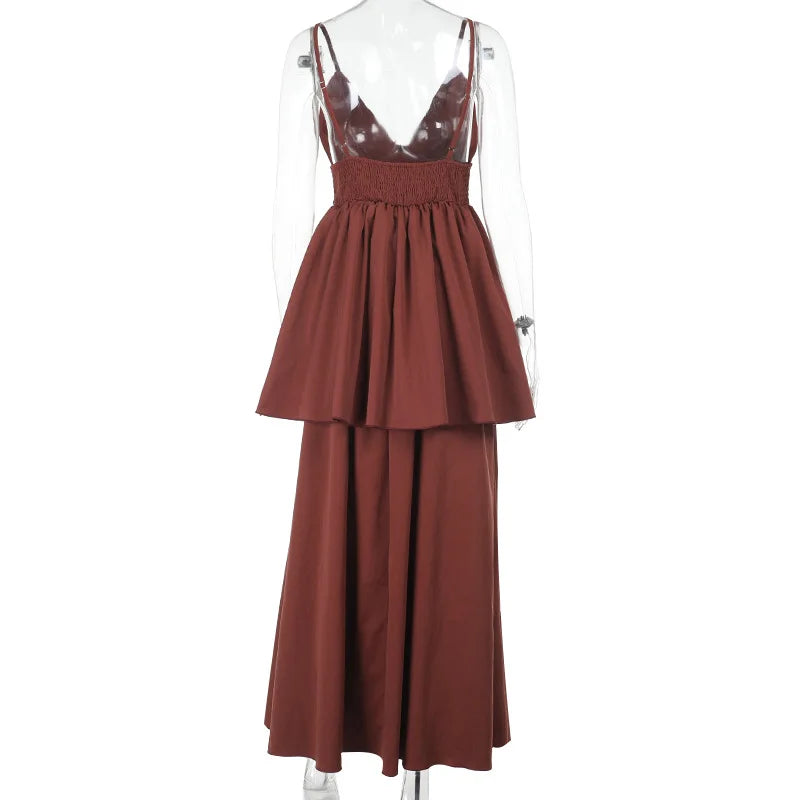 Brown V-neck Layered Maxi Dress