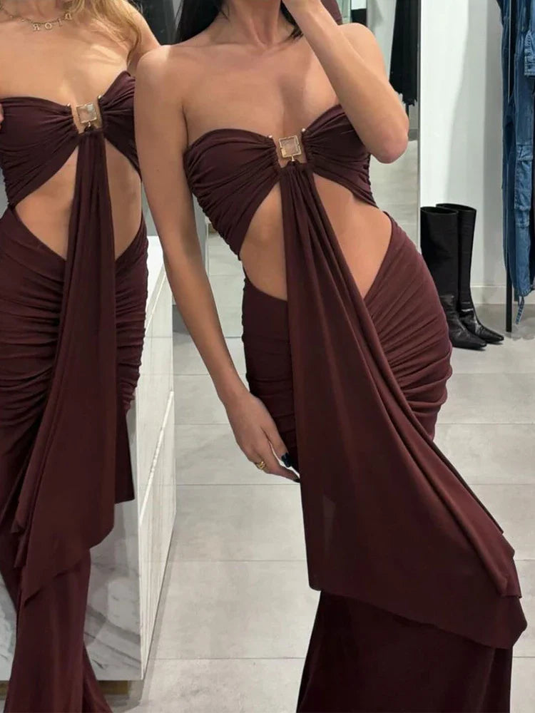 Brown Tube Cut Out Drape Midi Dress