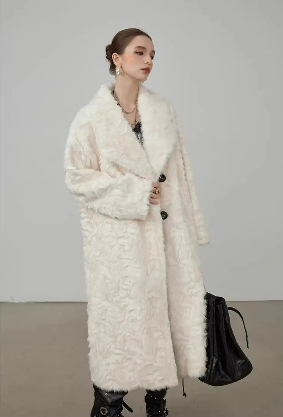 Large Lapel Shaggy Faux Fur Long Jacket