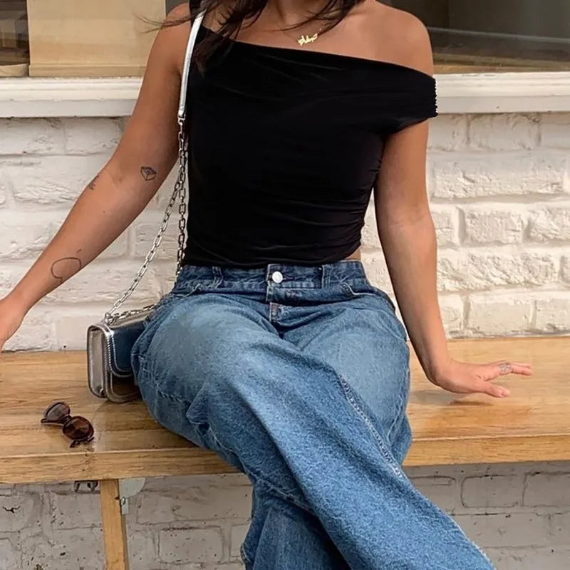 Twisted One Shoulder Asymmetrical Crop Tops Black