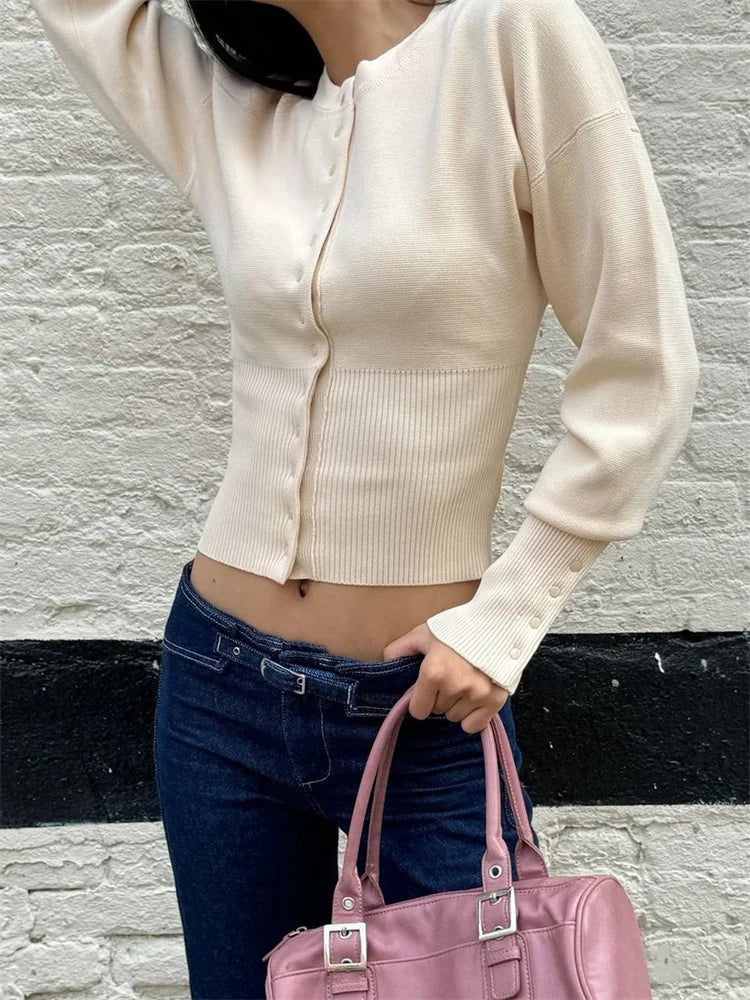 Autumn Knitwear Cardigan Ribbed Patchwork Cropped Top