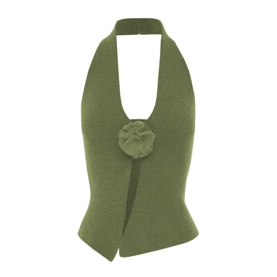 Halter Neck Sleeveless 3D Flower Solid Crop Top