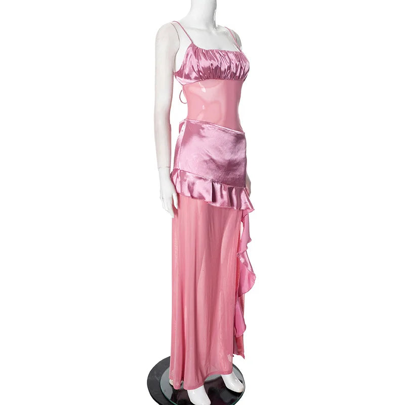 Pink Satin Patchwork Mesh Ruffle Slit Midi Dress