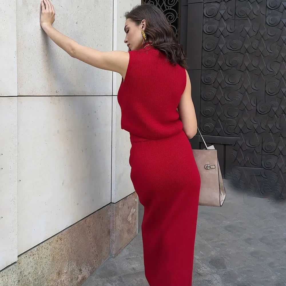 Solid Knit Sleeveless Top Long Skirt Set