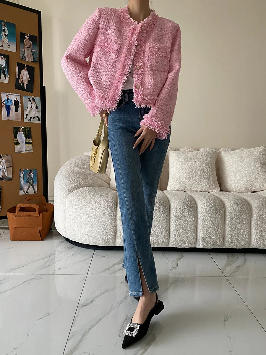 Pink Fringe Fur Shoulder Pad Tweed Blazer