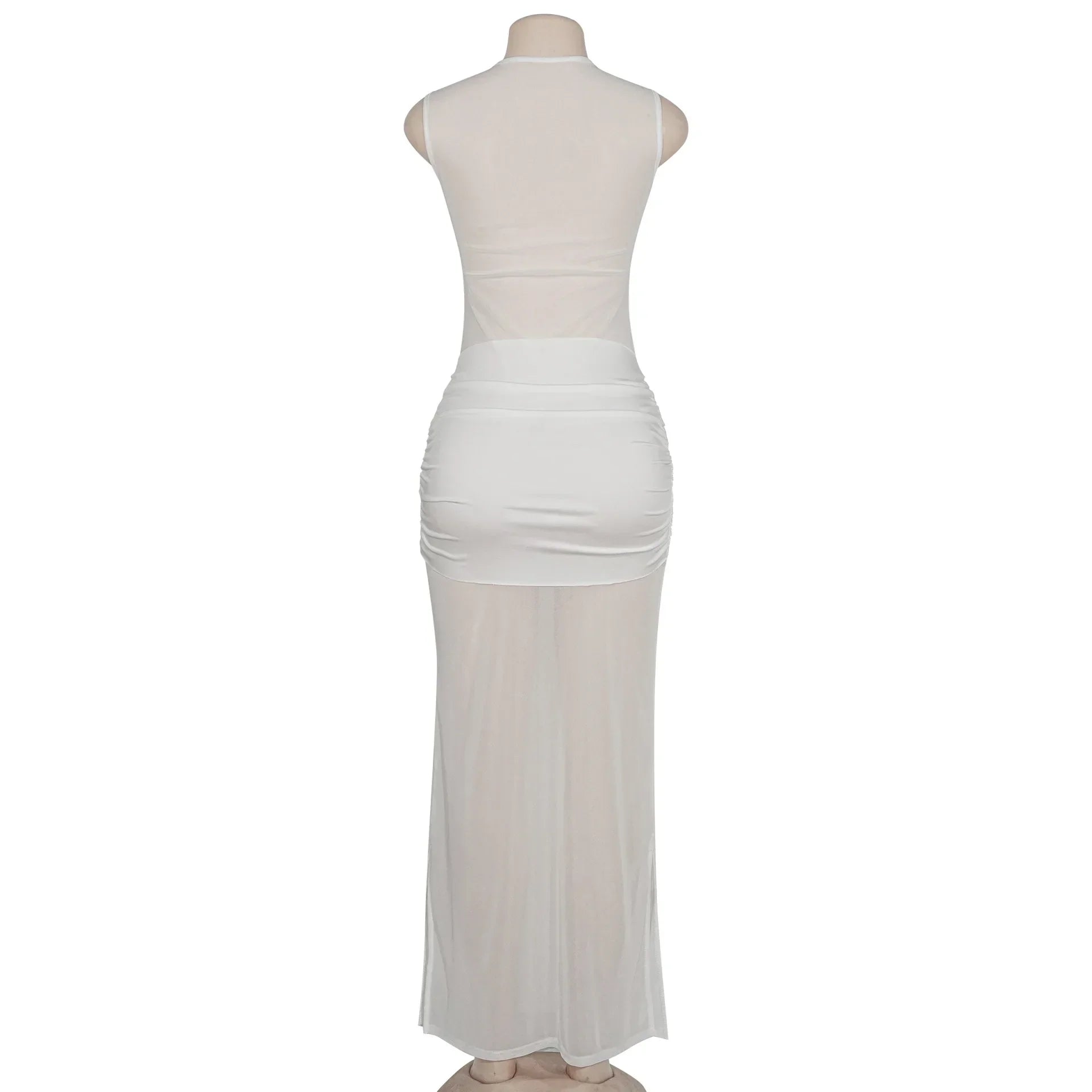 White See-Through Pleated Mesh Long Dress
