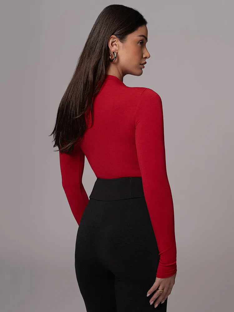 Metal Buckle Hollow Out Long Sleeve Bodysuit