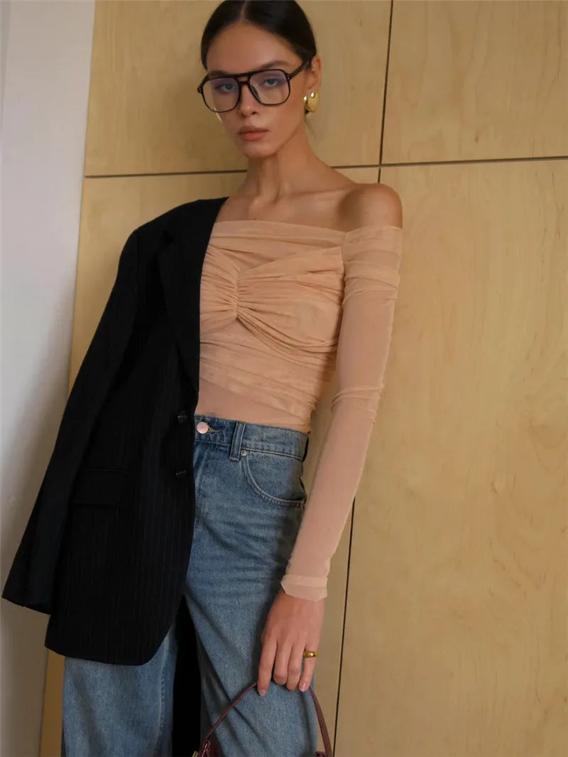 Mesh Off-shoulder Pleated Bust Strapless See Through Top