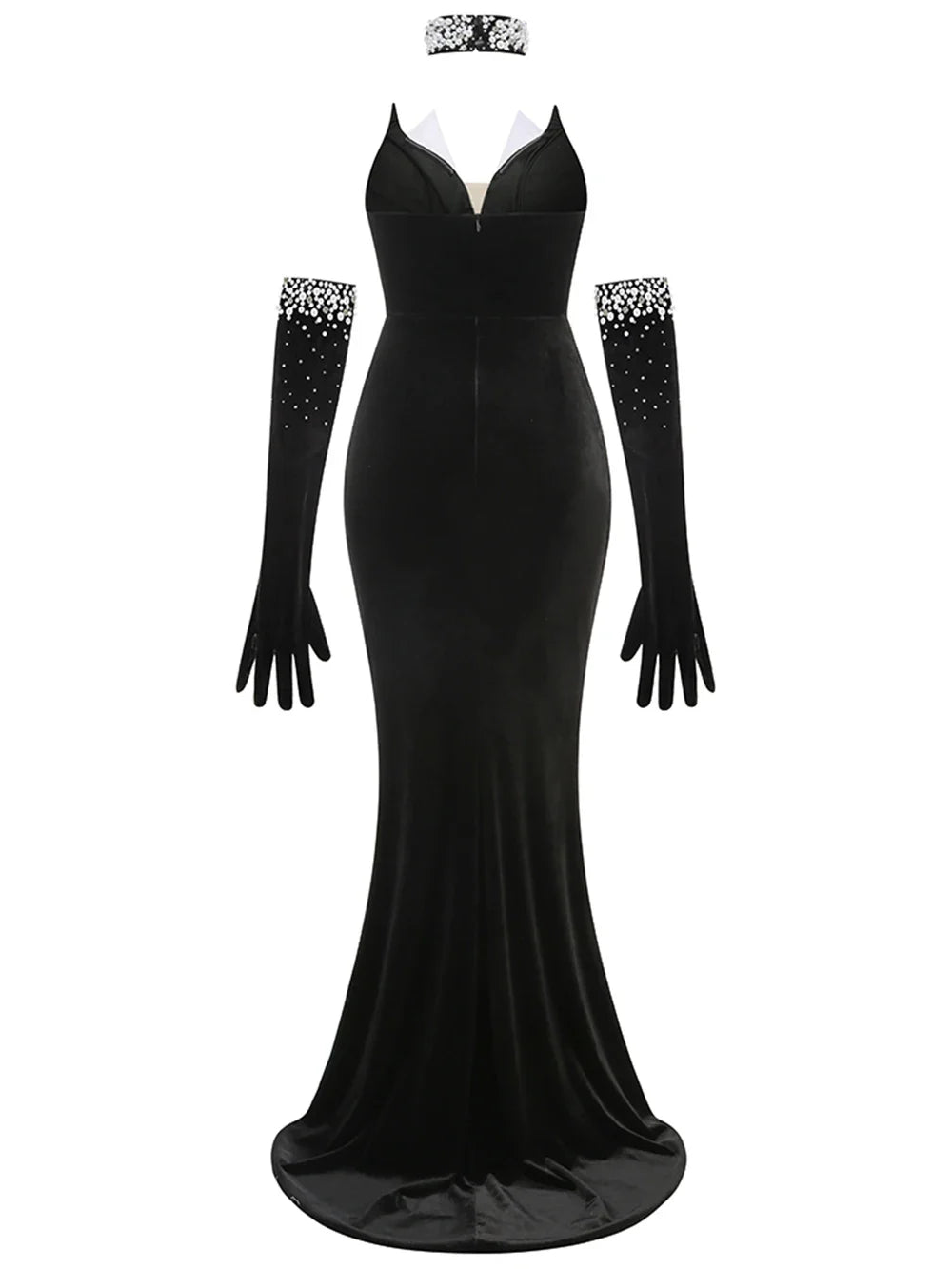 Strapless Pearl Diamond Black Velvet Beaded Maxi Dress