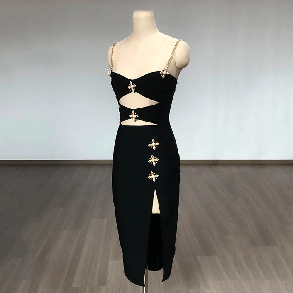 Black Metal Cross Brooch Design Strap Bandage Slit Midi Dress