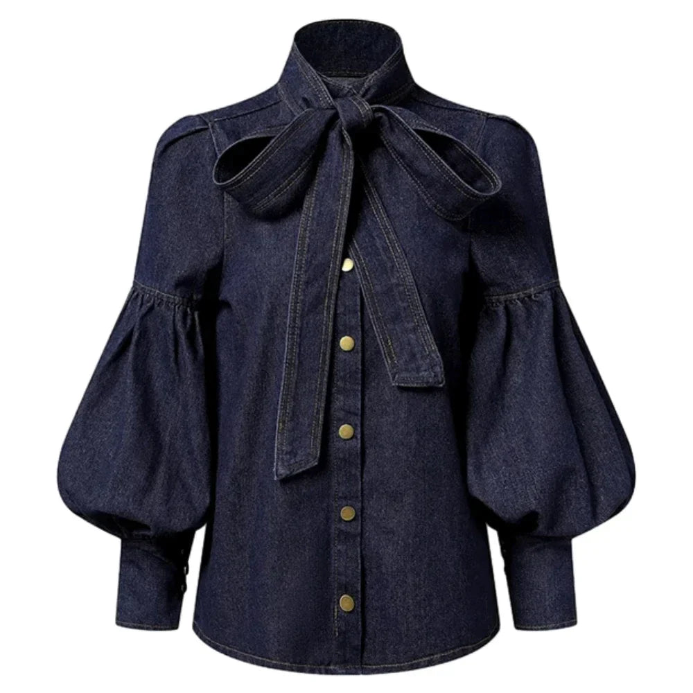 Denim Puff Sleeve High Neck Top