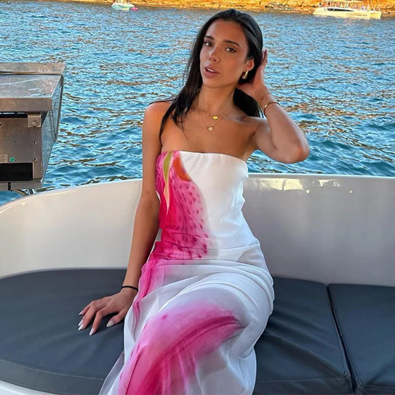Mesh Floral Print Off-shoulder Long Dress