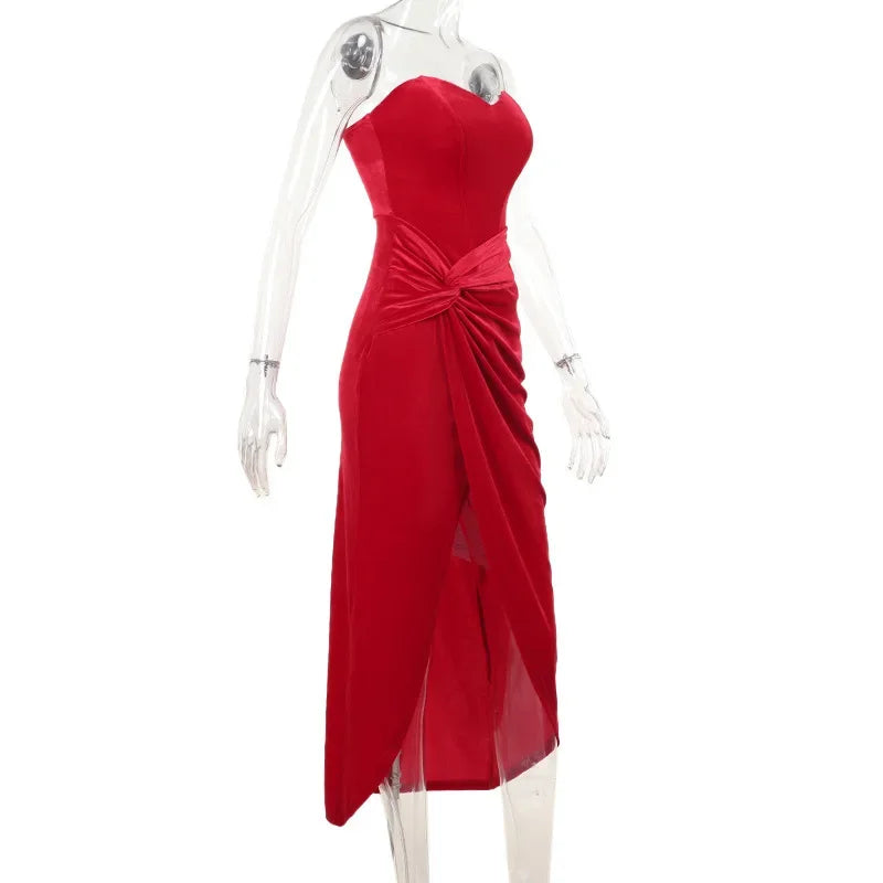Backless Red Dress Strapless Sleeveless with Slit