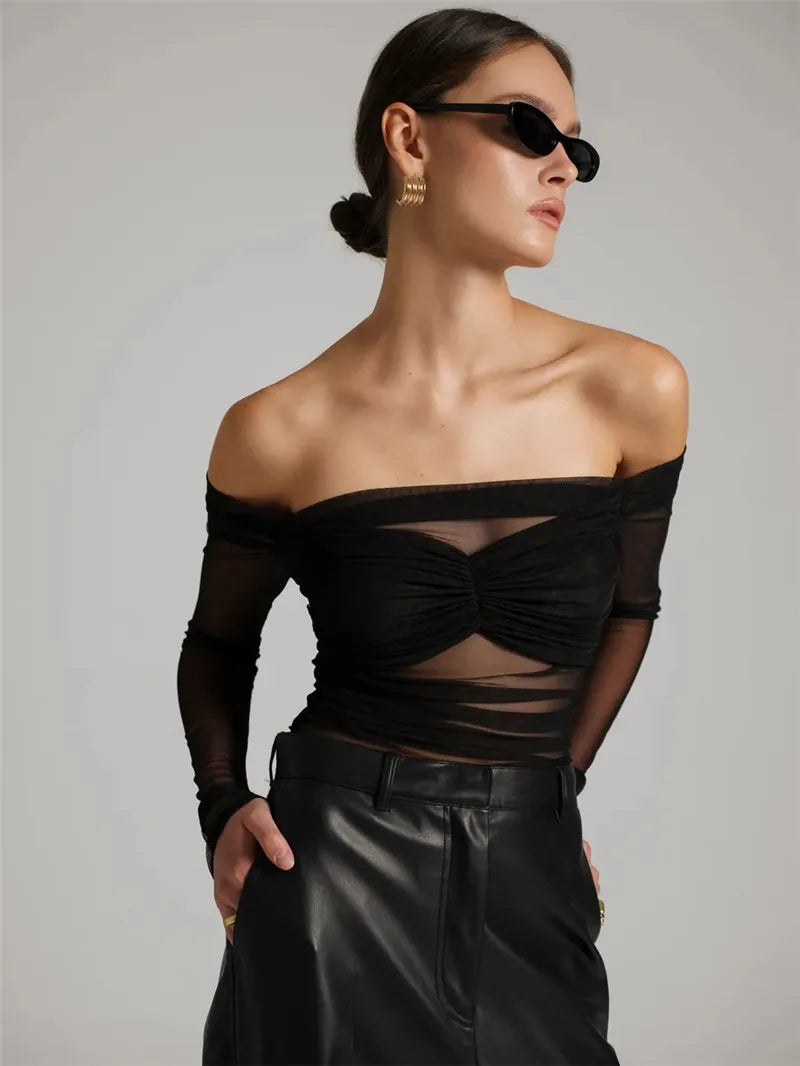 Mesh Off-shoulder Pleated Bust Strapless See Through Top