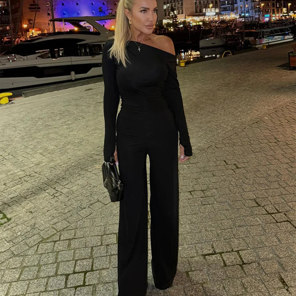 One Shoulder Flare Sleeve Top Long Pant Suit