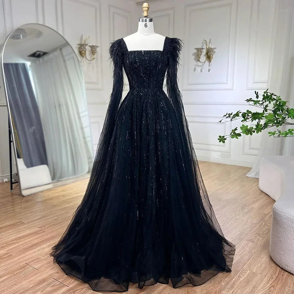 Cape Sleeves Feathers Beaded Evening Dresses
