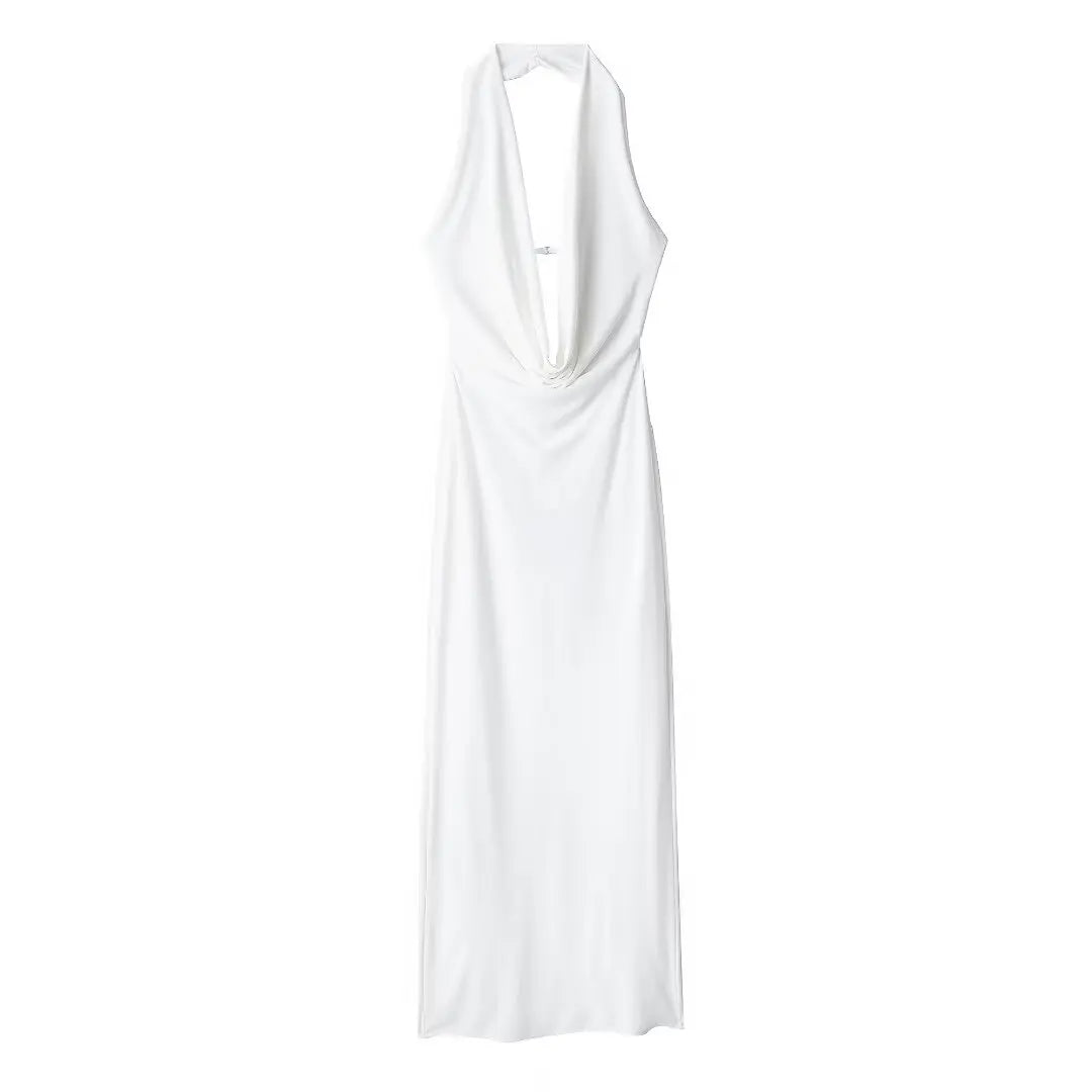 Off Shoulder Folds Hanging Neck Long Dress