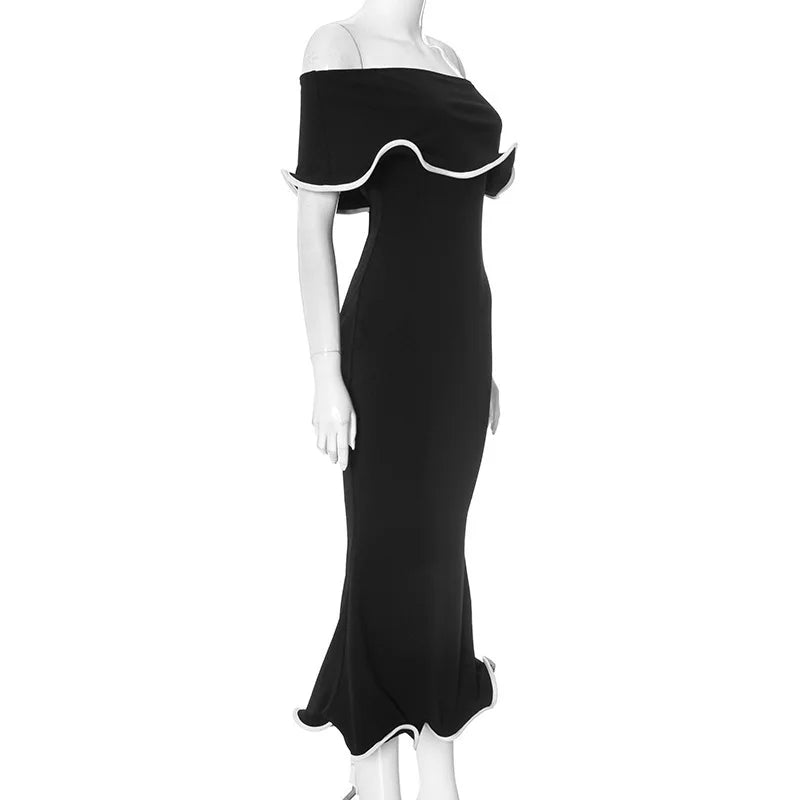 Strapless Ruffles Black Midi Dress