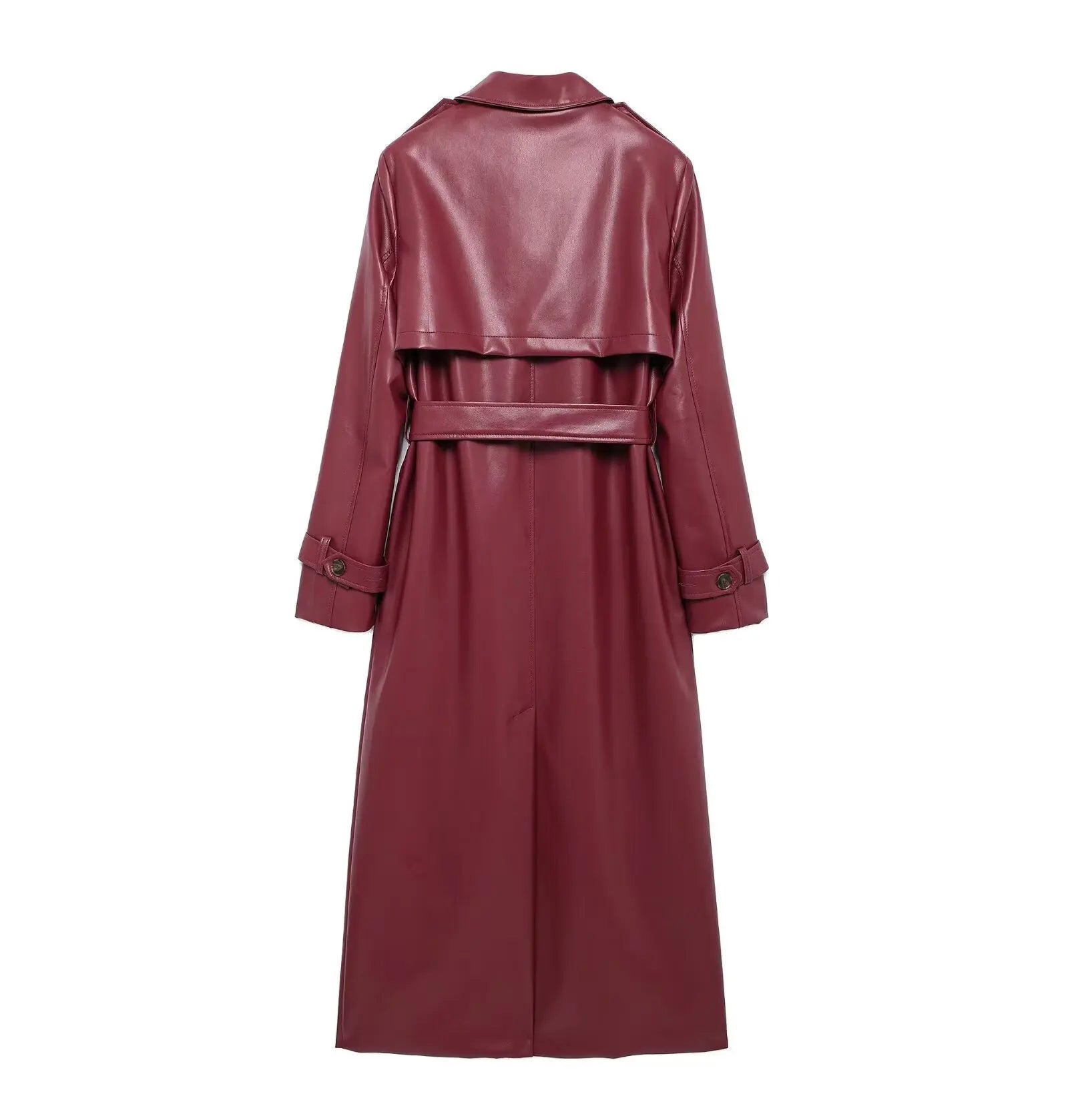 Lapel Pocket Belt Faux Leather Long Coat