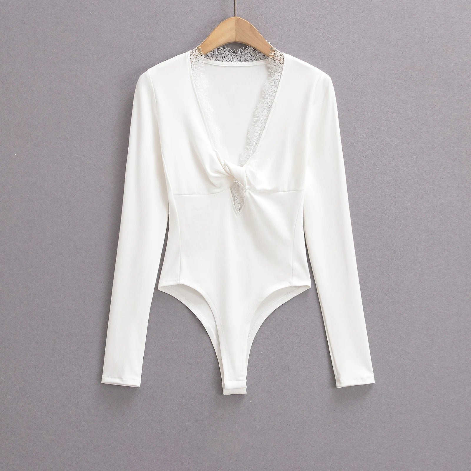 Spliced Lace Bow V neck Jersey Long Sleeve Bodysuit