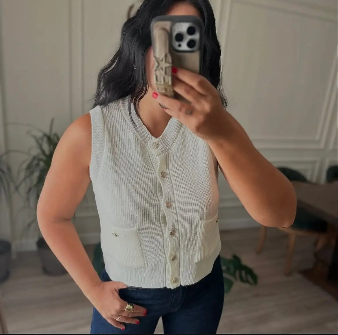Sleeveless Pocket Solid Knit Cardigan