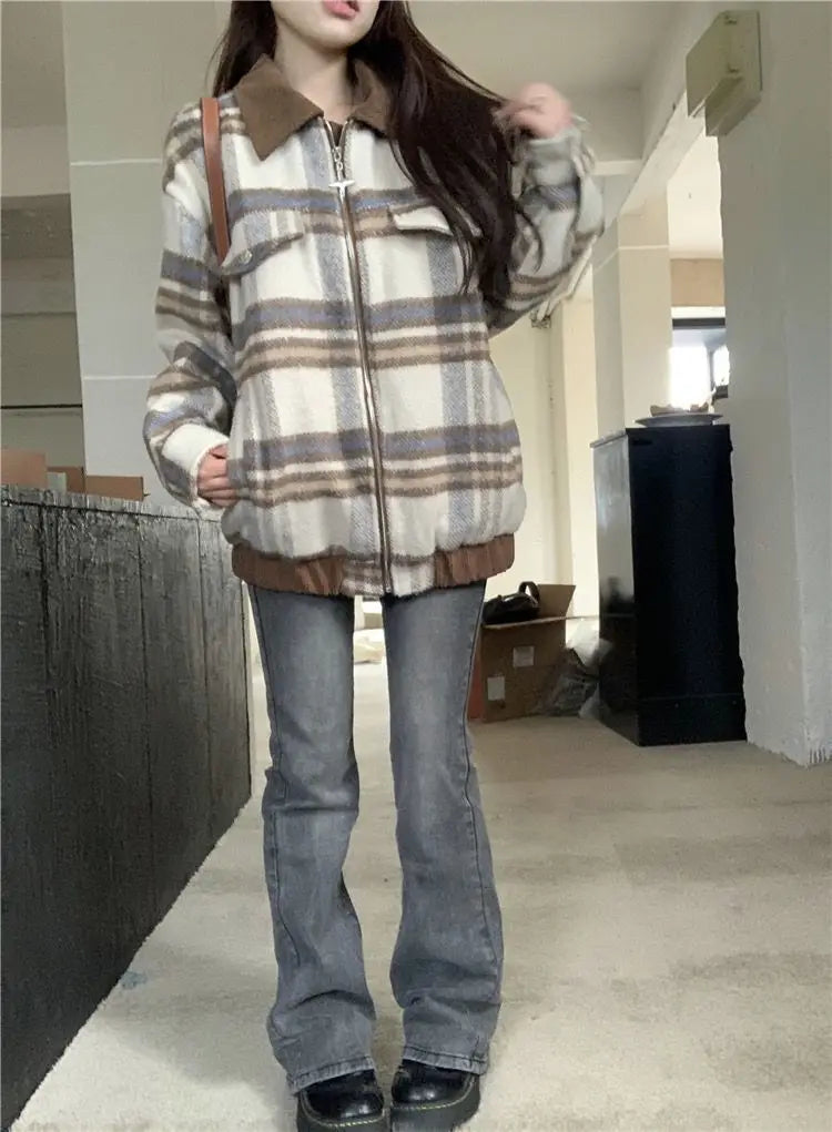 Plaid Turn-down Collar Loose Zipper Jacket