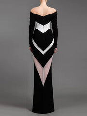 Slash Neck Gauze Patchwork Contrast Long Dress