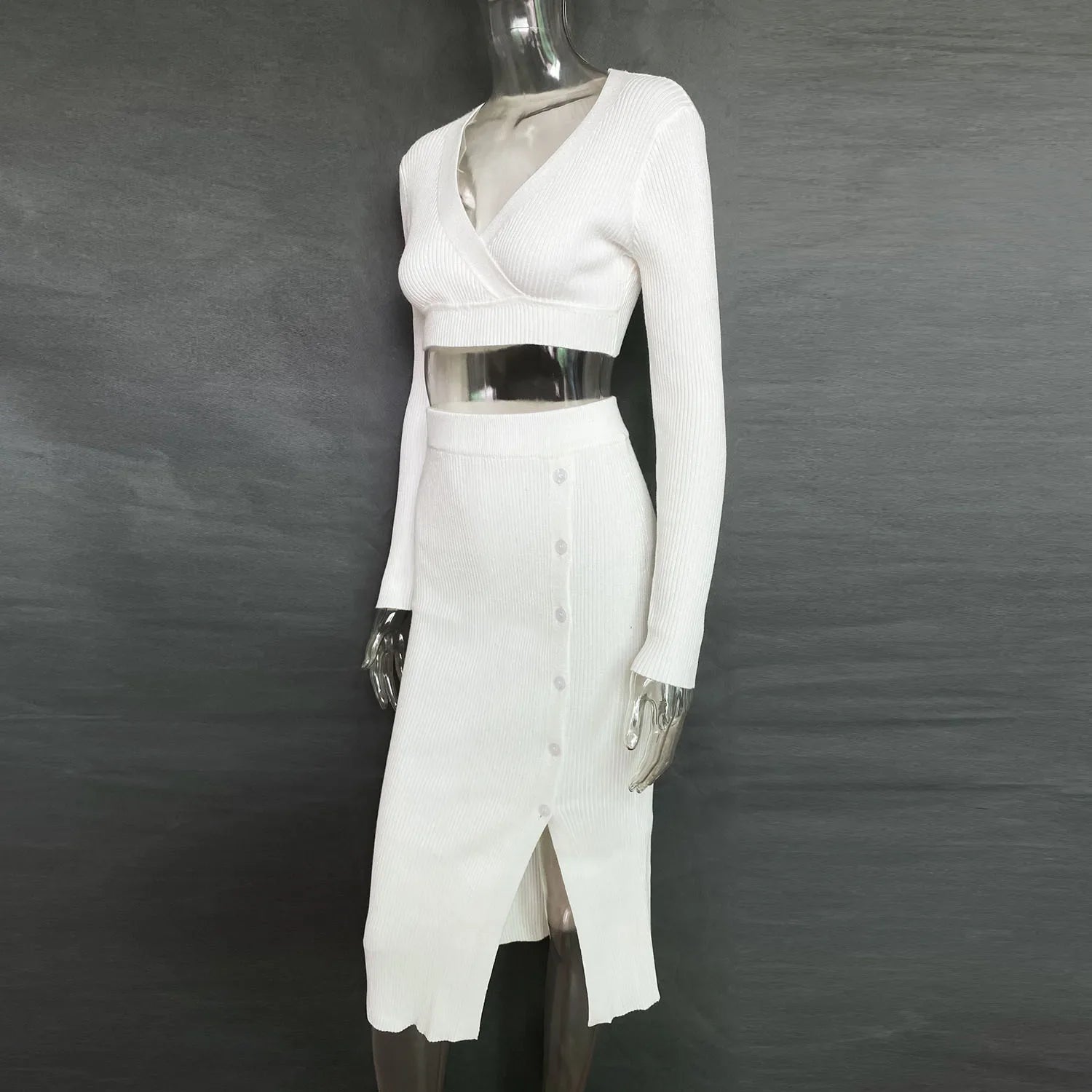 Knitted Top and Slit Midi Skirt Sets