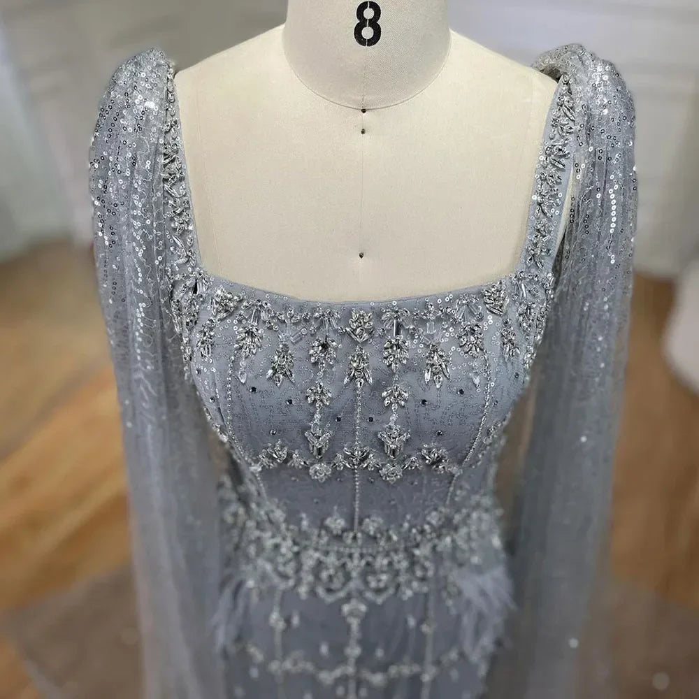 Silver Gray Mermaid Evening Dresses With Cape Feather